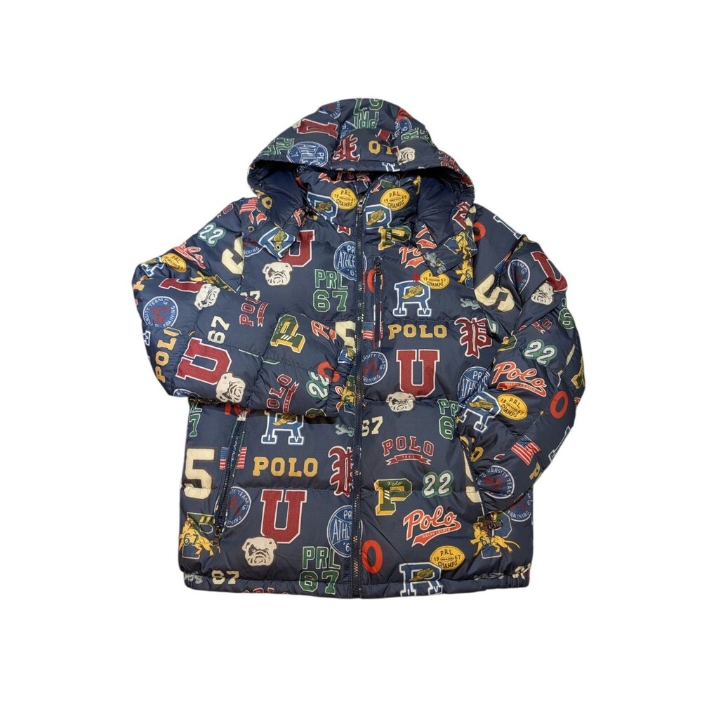 Polo Ralph Lauren Varsity Print Down Hooded Jacket Coat Boy's Size XL 18-20
